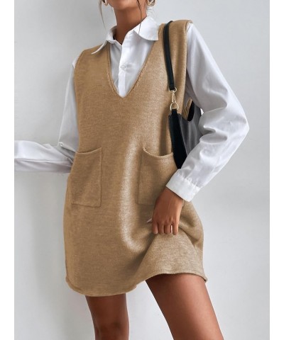 Women's V Neck Sleeveless Knitted Solid Short Sweater Dress with Pockets Pure Khaki $18.90 Sweaters