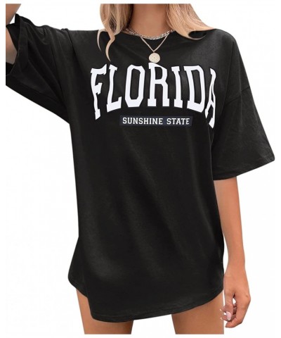 Women Oversized Florida Letter Graphic Print T-Shirt Crewneck Half Short Sleeve Tee Casual Shirt Summer Top Black $6.11 T-Shirts