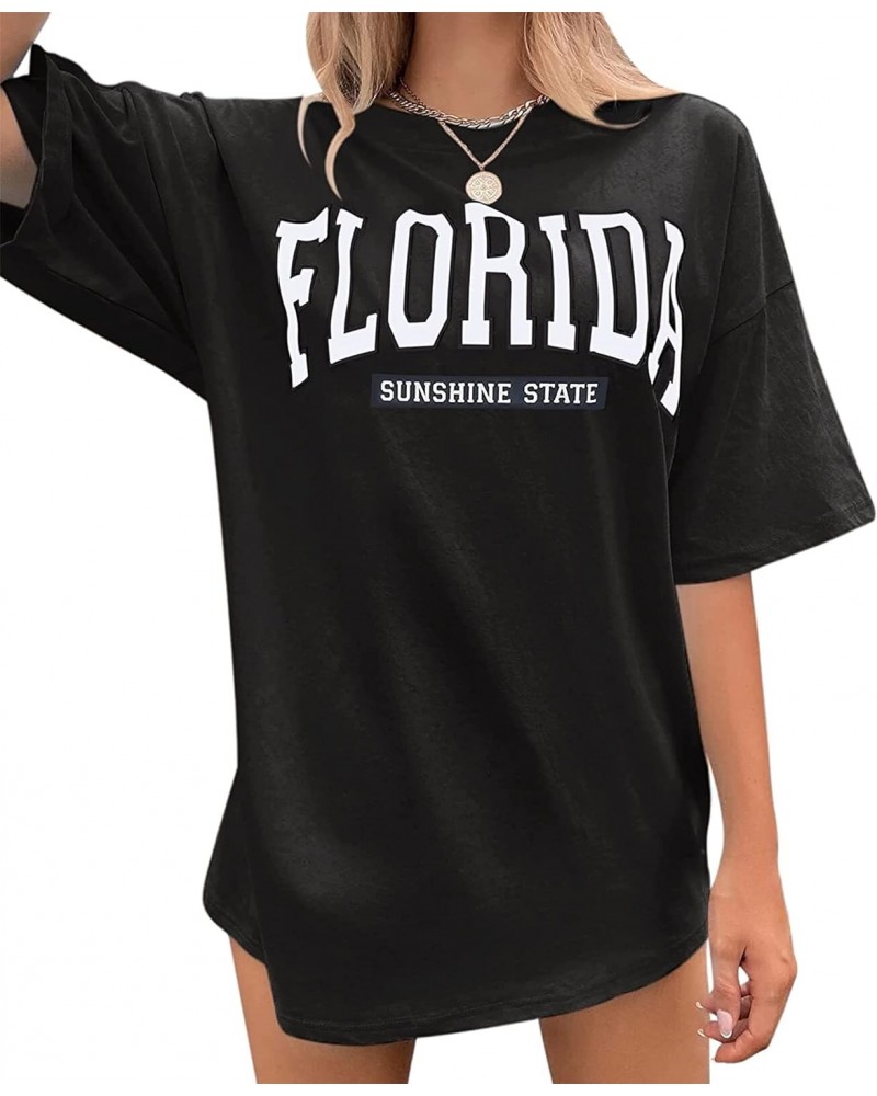 Women Oversized Florida Letter Graphic Print T-Shirt Crewneck Half Short Sleeve Tee Casual Shirt Summer Top Black $6.11 T-Shirts