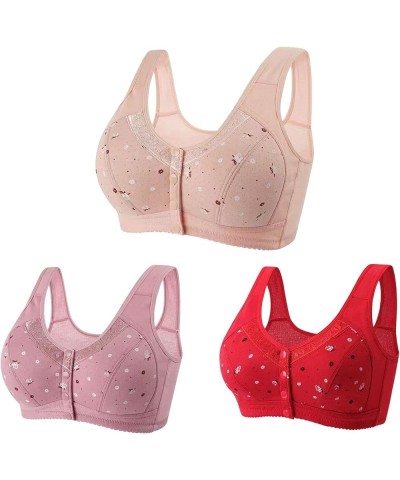 3 Pack Everyday Bras for Women Front Closure Sports Bras Floral Underwear Soft Wireless Cotton Bra Comfort & Sleep Bra Red 04...