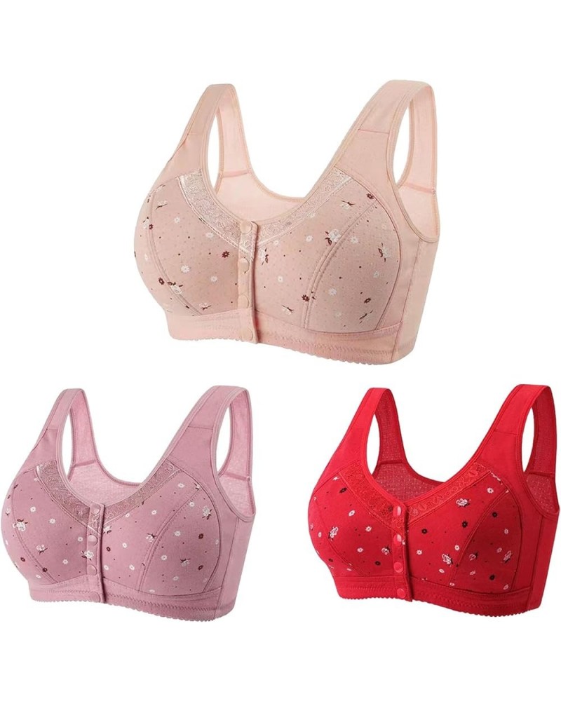 3 Pack Everyday Bras for Women Front Closure Sports Bras Floral Underwear Soft Wireless Cotton Bra Comfort & Sleep Bra Red 04...