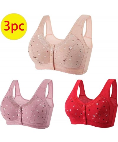 3 Pack Everyday Bras for Women Front Closure Sports Bras Floral Underwear Soft Wireless Cotton Bra Comfort & Sleep Bra Red 04...