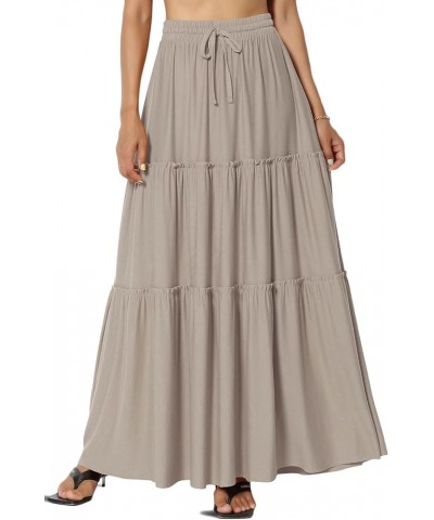 Women's Ruffle Tiered Woven Drawstring Elastic High Rise A-Line Long Maxi Skirt Jersey Light Mocha $15.05 Skirts