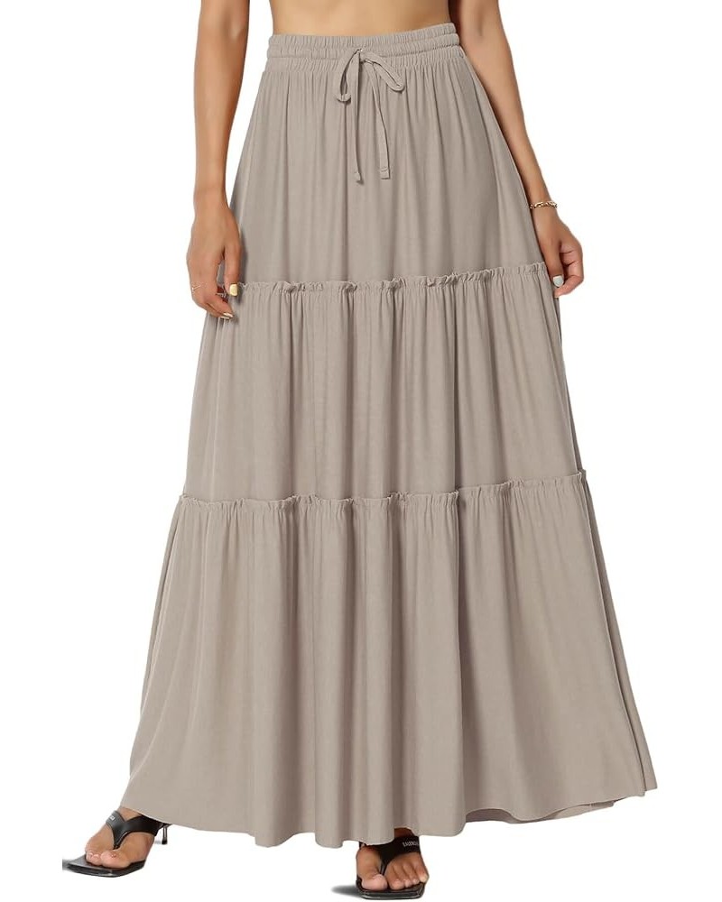 Women's Ruffle Tiered Woven Drawstring Elastic High Rise A-Line Long Maxi Skirt Jersey Light Mocha $15.05 Skirts