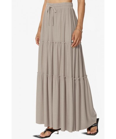 Women's Ruffle Tiered Woven Drawstring Elastic High Rise A-Line Long Maxi Skirt Jersey Light Mocha $15.05 Skirts