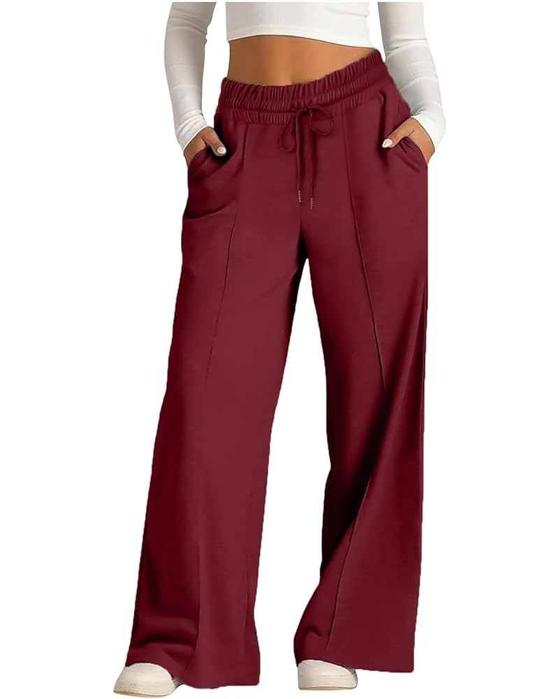 Wide Leg Sweatpants Women Drawstring Elastic High Waisted Joggers Baggy Casual Workout Lounge Pants with Pockets A02-wine $4....