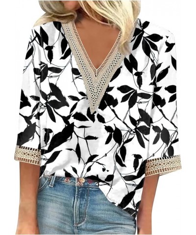 3/4 Length Sleeve Womens Tops Fall Deep V Neck Loose Tee Shirts Floral Printed Lightweight Tunic Blouses 01-black $11.00 Tops