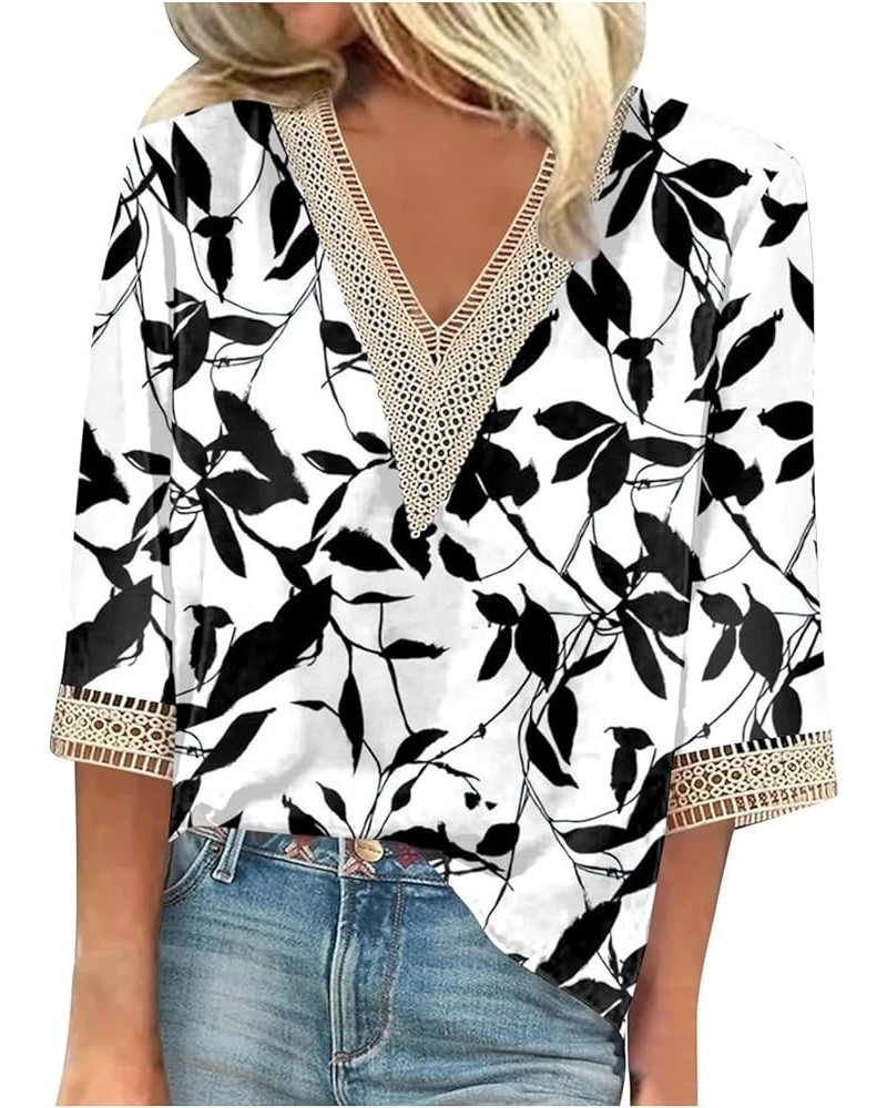 3/4 Length Sleeve Womens Tops Fall Deep V Neck Loose Tee Shirts Floral Printed Lightweight Tunic Blouses 01-black $11.00 Tops