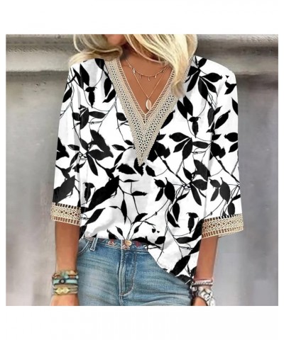 3/4 Length Sleeve Womens Tops Fall Deep V Neck Loose Tee Shirts Floral Printed Lightweight Tunic Blouses 01-black $11.00 Tops