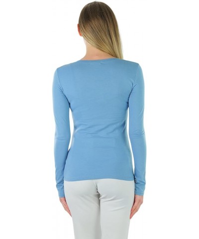 Junior Women's Slim Fit Long Sleeve Shirt Scoop Neckline Basic Tee Layering Cotton Top Artic Blue $8.98 T-Shirts