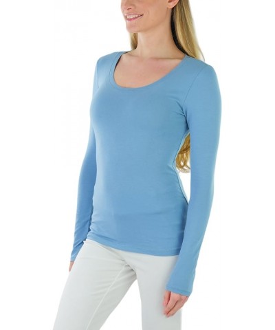 Junior Women's Slim Fit Long Sleeve Shirt Scoop Neckline Basic Tee Layering Cotton Top Artic Blue $8.98 T-Shirts