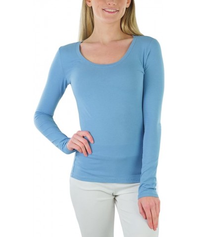 Junior Women's Slim Fit Long Sleeve Shirt Scoop Neckline Basic Tee Layering Cotton Top Artic Blue $8.98 T-Shirts