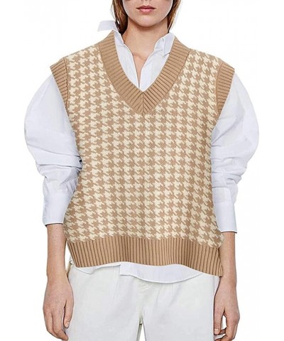 Plaid Vest for Women Fashion Casual Sleeveless V Neck Knit Top Sweater Vest(A) Size-XL Khaki $14.47 Sweaters