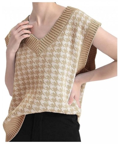 Plaid Vest for Women Fashion Casual Sleeveless V Neck Knit Top Sweater Vest(A) Size-XL Khaki $14.47 Sweaters