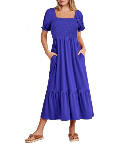 Dresses for Women Summer Short Puff Sleeve Square Neck Midi Dress Flowy Tiered Beach Aline Sundress Royal Blue $13.60 Dresses