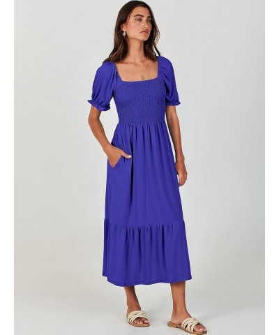 Dresses for Women Summer Short Puff Sleeve Square Neck Midi Dress Flowy Tiered Beach Aline Sundress Royal Blue $13.60 Dresses