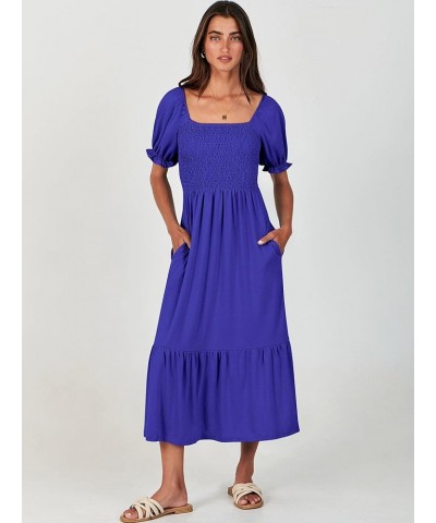 Dresses for Women Summer Short Puff Sleeve Square Neck Midi Dress Flowy Tiered Beach Aline Sundress Royal Blue $13.60 Dresses