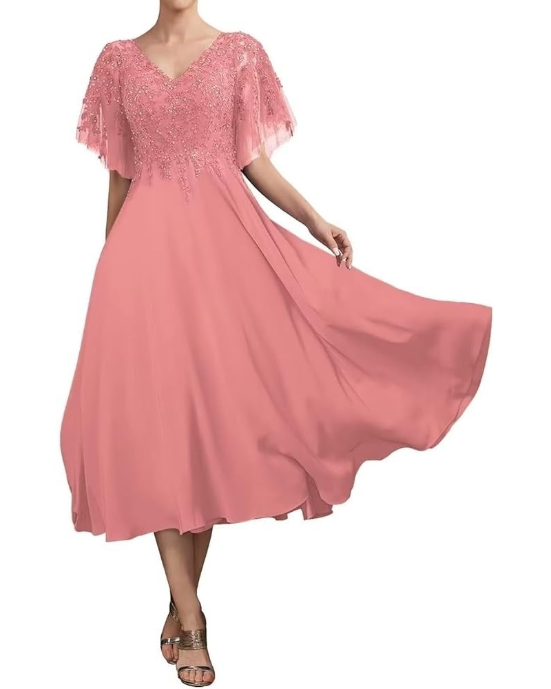 Beaded Sequin Mother of The Bride Dresses for Wedding Tea Length Lace Chiffon Mother of The Groom Dress Coral $34.00 Dresses