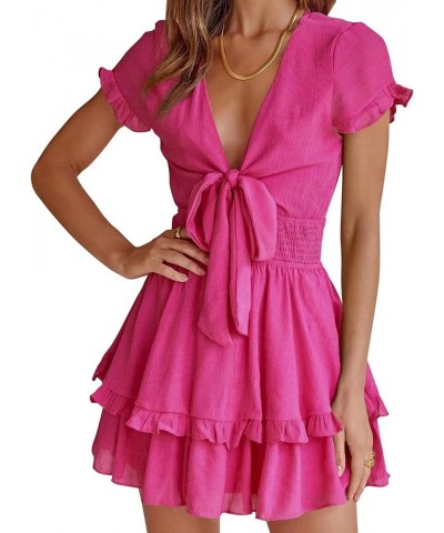 Women's 2024 Summer Swing Mini Dress Tie Front V Neck Short Sleeve Ruffle Layer A-Line Short Dress Rose Red $29.67 Dresses