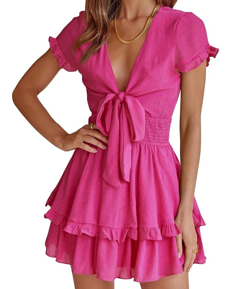 Women's 2024 Summer Swing Mini Dress Tie Front V Neck Short Sleeve Ruffle Layer A-Line Short Dress Rose Red $29.67 Dresses