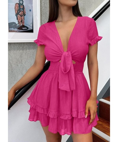 Women's 2024 Summer Swing Mini Dress Tie Front V Neck Short Sleeve Ruffle Layer A-Line Short Dress Rose Red $29.67 Dresses