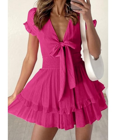 Women's 2024 Summer Swing Mini Dress Tie Front V Neck Short Sleeve Ruffle Layer A-Line Short Dress Rose Red $29.67 Dresses