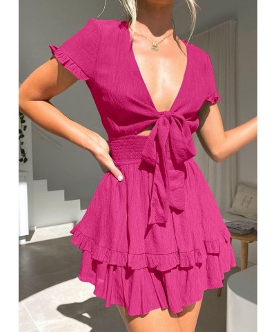 Women's 2024 Summer Swing Mini Dress Tie Front V Neck Short Sleeve Ruffle Layer A-Line Short Dress Rose Red $29.67 Dresses