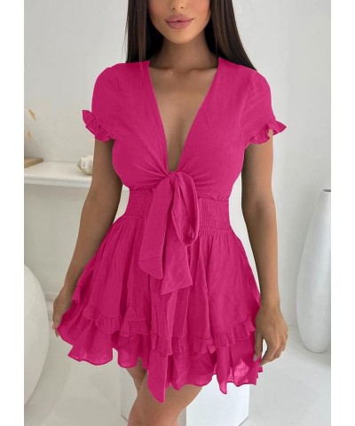 Women's 2024 Summer Swing Mini Dress Tie Front V Neck Short Sleeve Ruffle Layer A-Line Short Dress Rose Red $29.67 Dresses