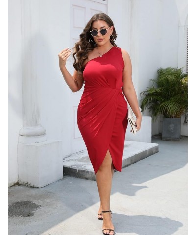 Ruched Bodycon Dress for Women One Shoulder Dresses Midi Wrap Slit Cocktail Dresses 2023 105-red $10.99 Dresses