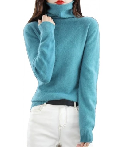 Women's High Round Neck Cashmere Sweater Long Sleeve Plus Size Sweater Lake Blue $27.87 Sweaters