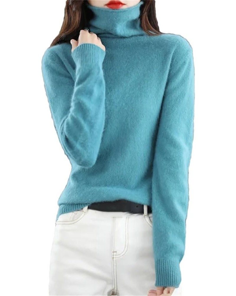 Women's High Round Neck Cashmere Sweater Long Sleeve Plus Size Sweater Lake Blue $27.87 Sweaters