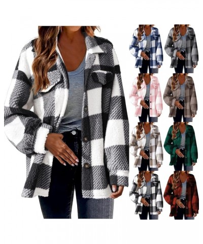 Womens Fleece Lined Plaid Shacket Jacket Fluffy Tartan Lapel Long Sleeve Coat Fuzzy Sherpa Coat Button Down Pea Coat 02 Black...