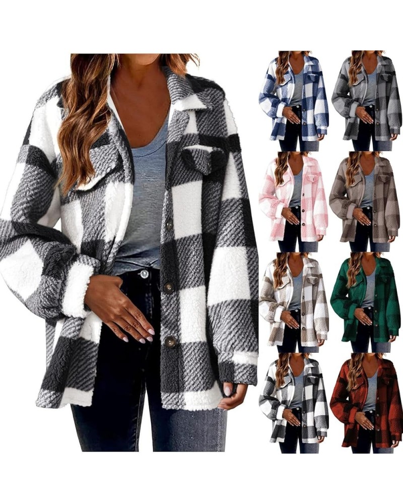 Womens Fleece Lined Plaid Shacket Jacket Fluffy Tartan Lapel Long Sleeve Coat Fuzzy Sherpa Coat Button Down Pea Coat 02 Black...