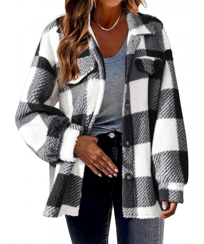 Womens Fleece Lined Plaid Shacket Jacket Fluffy Tartan Lapel Long Sleeve Coat Fuzzy Sherpa Coat Button Down Pea Coat 02 Black...