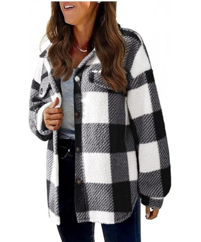 Womens Fleece Lined Plaid Shacket Jacket Fluffy Tartan Lapel Long Sleeve Coat Fuzzy Sherpa Coat Button Down Pea Coat 02 Black...