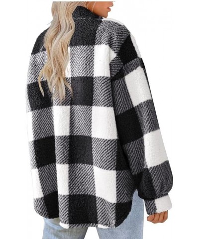 Womens Fleece Lined Plaid Shacket Jacket Fluffy Tartan Lapel Long Sleeve Coat Fuzzy Sherpa Coat Button Down Pea Coat 02 Black...