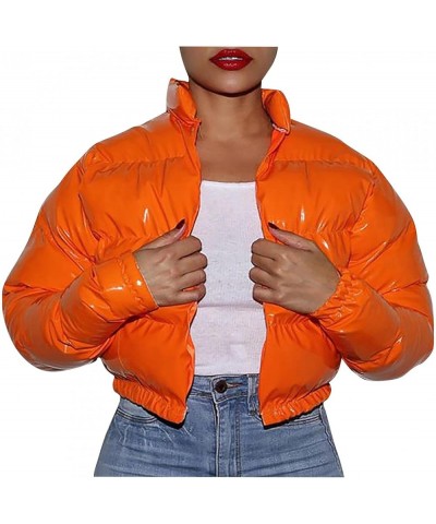 Womens Winter Cropped Puffer Jacket Sequins Parka Down Puffy Bubble Coat Solid Color Fashion Cardigan Outerwear Orange $13.60...