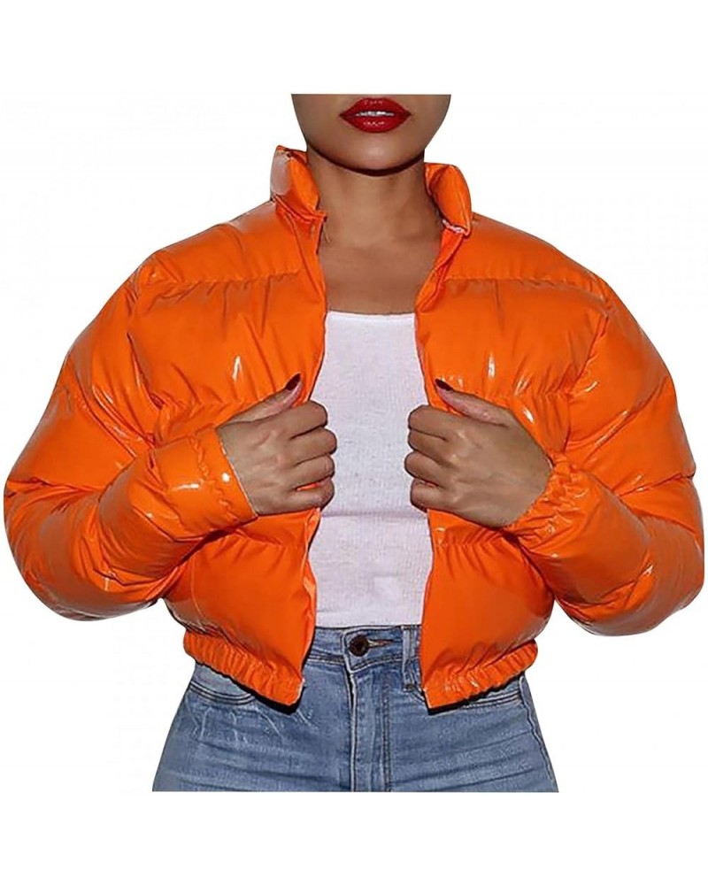 Womens Winter Cropped Puffer Jacket Sequins Parka Down Puffy Bubble Coat Solid Color Fashion Cardigan Outerwear Orange $13.60...