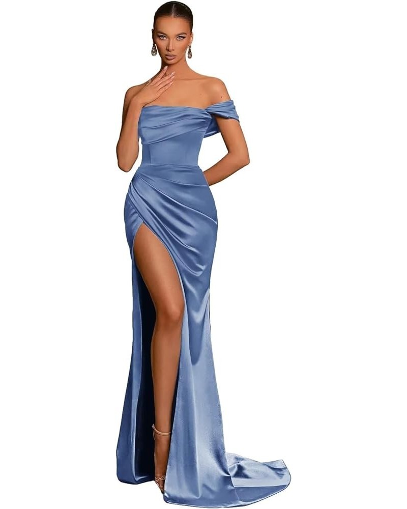 Off The Shoulder Satin Prom Dresses Mermaid Long with Slit Bridesmaid Dresses Women’s Formal Evening Gowns Dusty Blue $24.20 ...