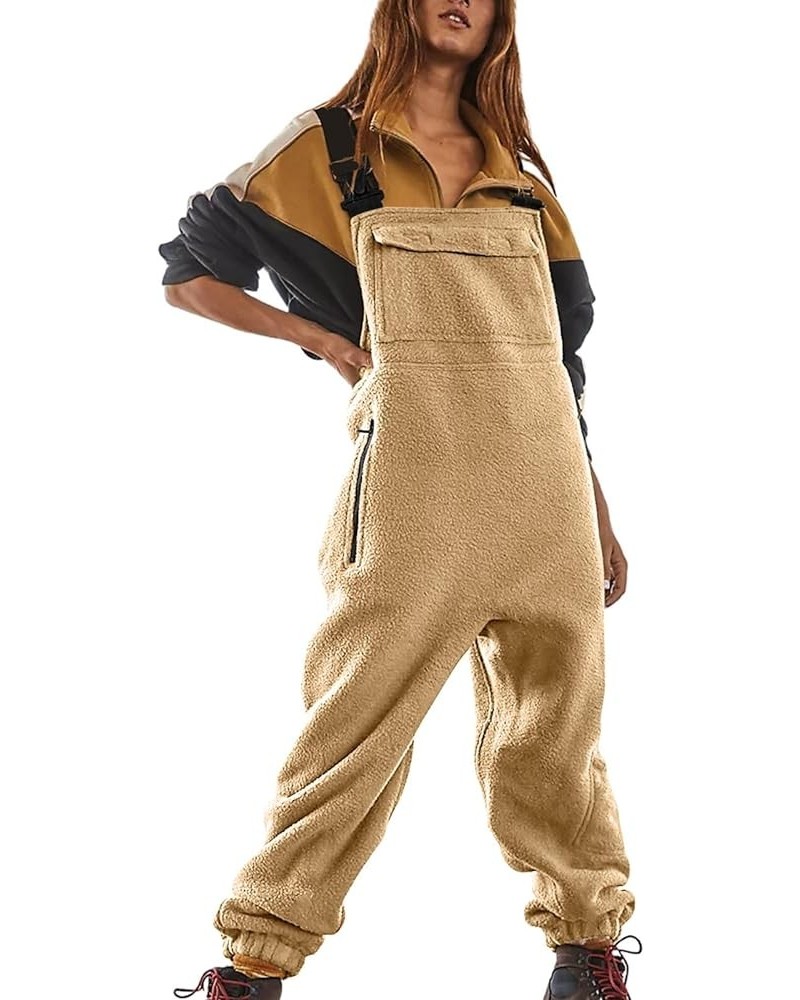 Womens Overalls Womens Fuzzy Fleece Overalls Casual Loose Sleeveless Sherpa Jumpsuit Soft Comfort Romper With Pockets 02-khak...