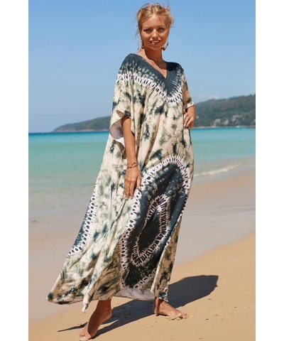 Women Beachwear Long Beach Coverups Kaftan Casual Caftan Dress C-tie-dyed Green $19.57 Swimsuits