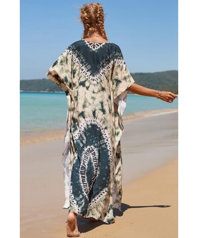 Women Beachwear Long Beach Coverups Kaftan Casual Caftan Dress C-tie-dyed Green $19.57 Swimsuits