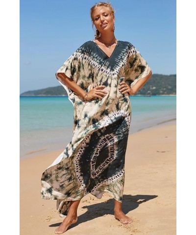 Women Beachwear Long Beach Coverups Kaftan Casual Caftan Dress C-tie-dyed Green $19.57 Swimsuits