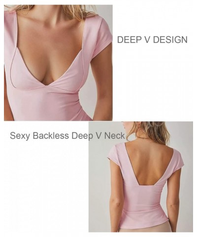 Womens Deep V Neck Crop Tops Y2k Backless Sexy Short Sleeve Low Cut T-Shirts Causal Slim Fit Tee Summer Crop Cami Pink $9.71 ...