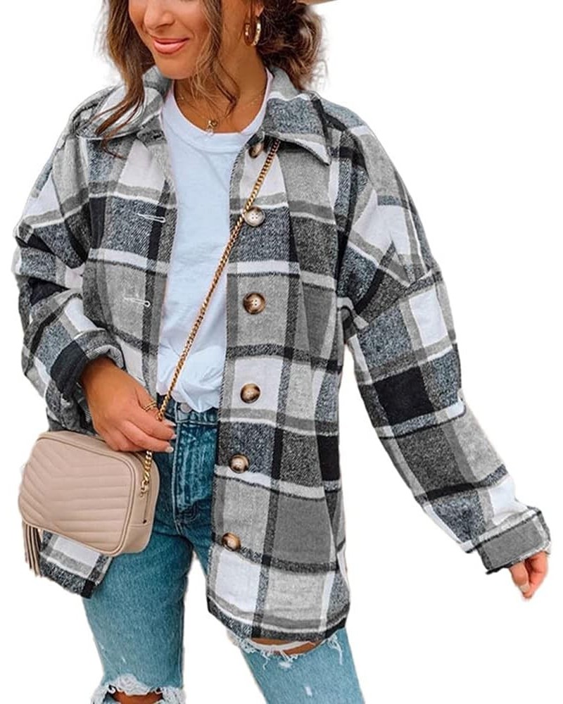 Women's 2023 Casual Plaid Shacket Long Sleeve Button Down Lapel Pocketed Jacket Shacket Coat A2-grey $15.17 Jackets