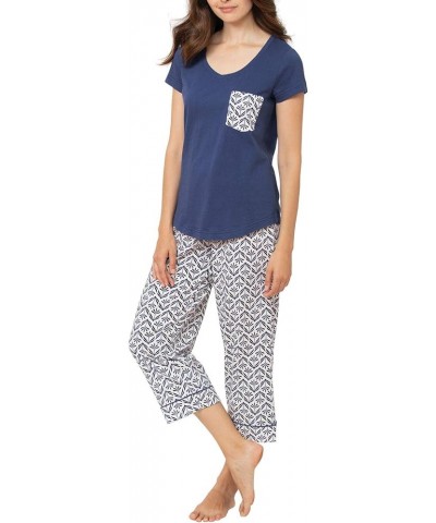 Womens PJs Sets - Ladies Pajamas Capris 100% Cotton Short Sleeve Blue $25.47 Sleep & Lounge