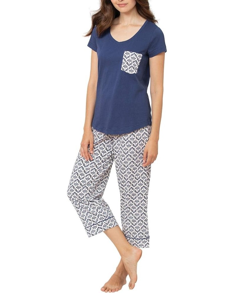 Womens PJs Sets - Ladies Pajamas Capris 100% Cotton Short Sleeve Blue $25.47 Sleep & Lounge