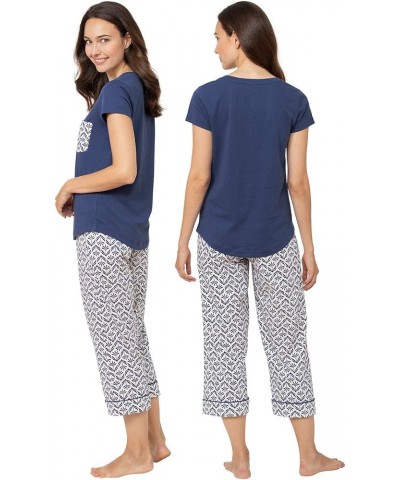 Womens PJs Sets - Ladies Pajamas Capris 100% Cotton Short Sleeve Blue $25.47 Sleep & Lounge