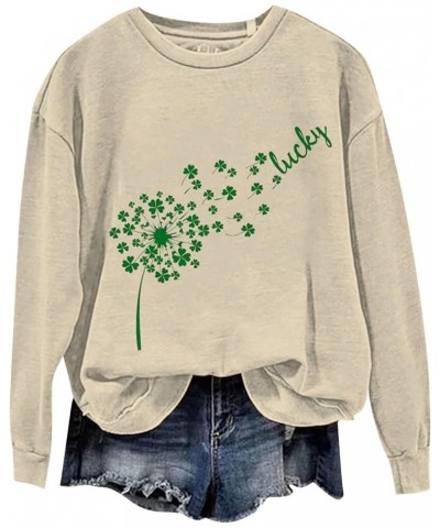 Women 2024 St Patricks Day Shirt O Neck Graphic Sweatshirts Tops Pullover Shirts Long Sleeve Blouses Spring Clothes 017- Khak...