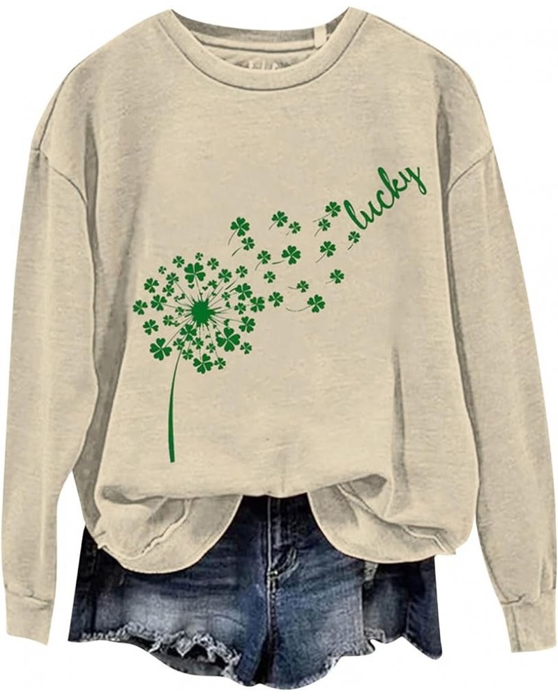 Women 2024 St Patricks Day Shirt O Neck Graphic Sweatshirts Tops Pullover Shirts Long Sleeve Blouses Spring Clothes 017- Khak...